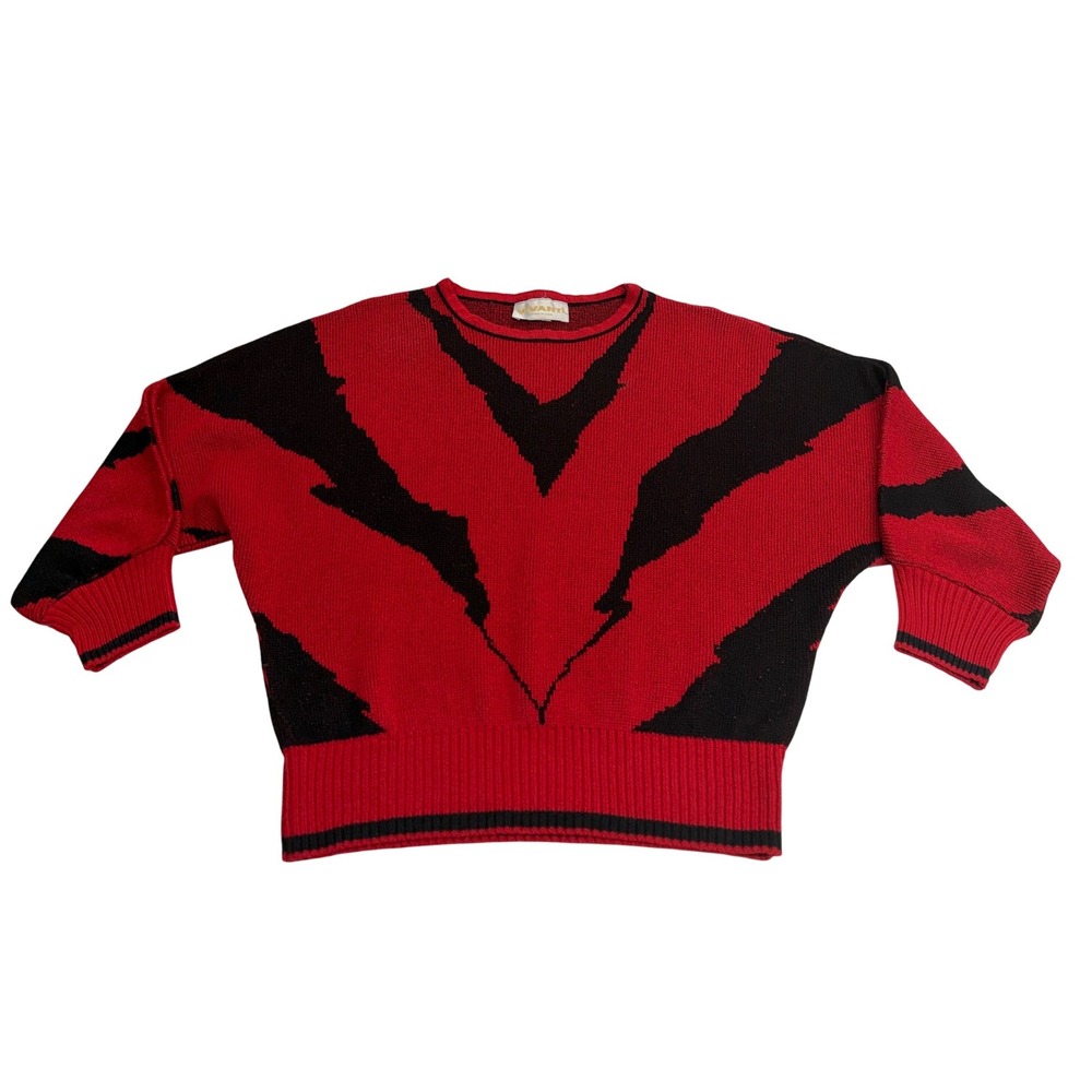 VTG Vivanti Sweater Red Black Abstract Graphic Knit Batwing Pullover Women Large